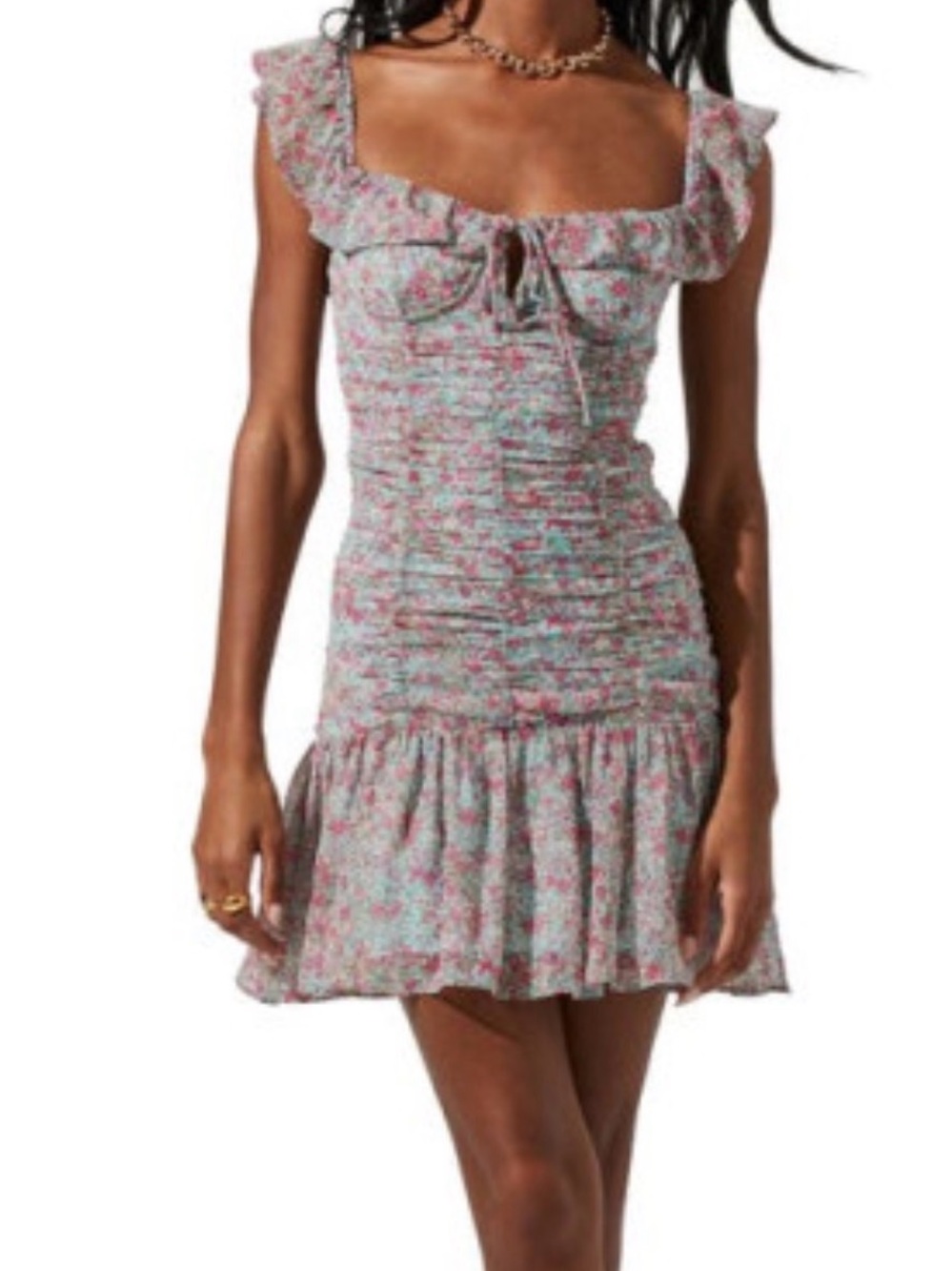 ASTR The Label Floral Ruffle Tie-Front Mini Dress in Multi-Color
